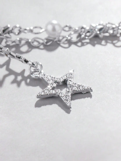 ROMWE Kawaii 1pc Silver Rhinestone & Pearl Embellished Star Pendant Bag Charm Keychain, Simple & Stylish Gift For Women
