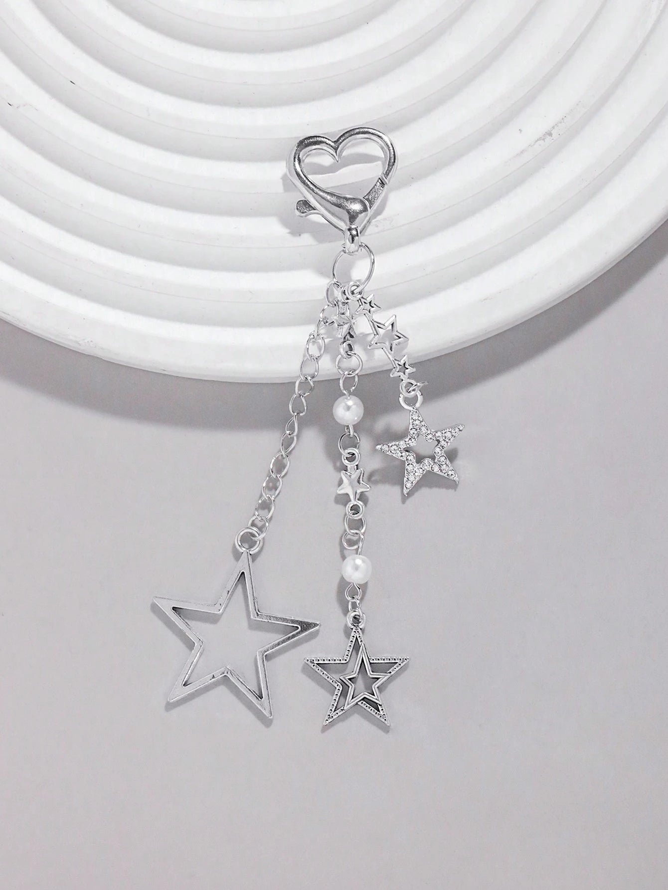 ROMWE Kawaii 1pc Silver Rhinestone & Pearl Embellished Star Pendant Bag Charm Keychain, Simple & Stylish Gift For Women