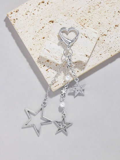 ROMWE Kawaii 1pc Silver Rhinestone & Pearl Embellished Star Pendant Bag Charm Keychain, Simple & Stylish Gift For Women