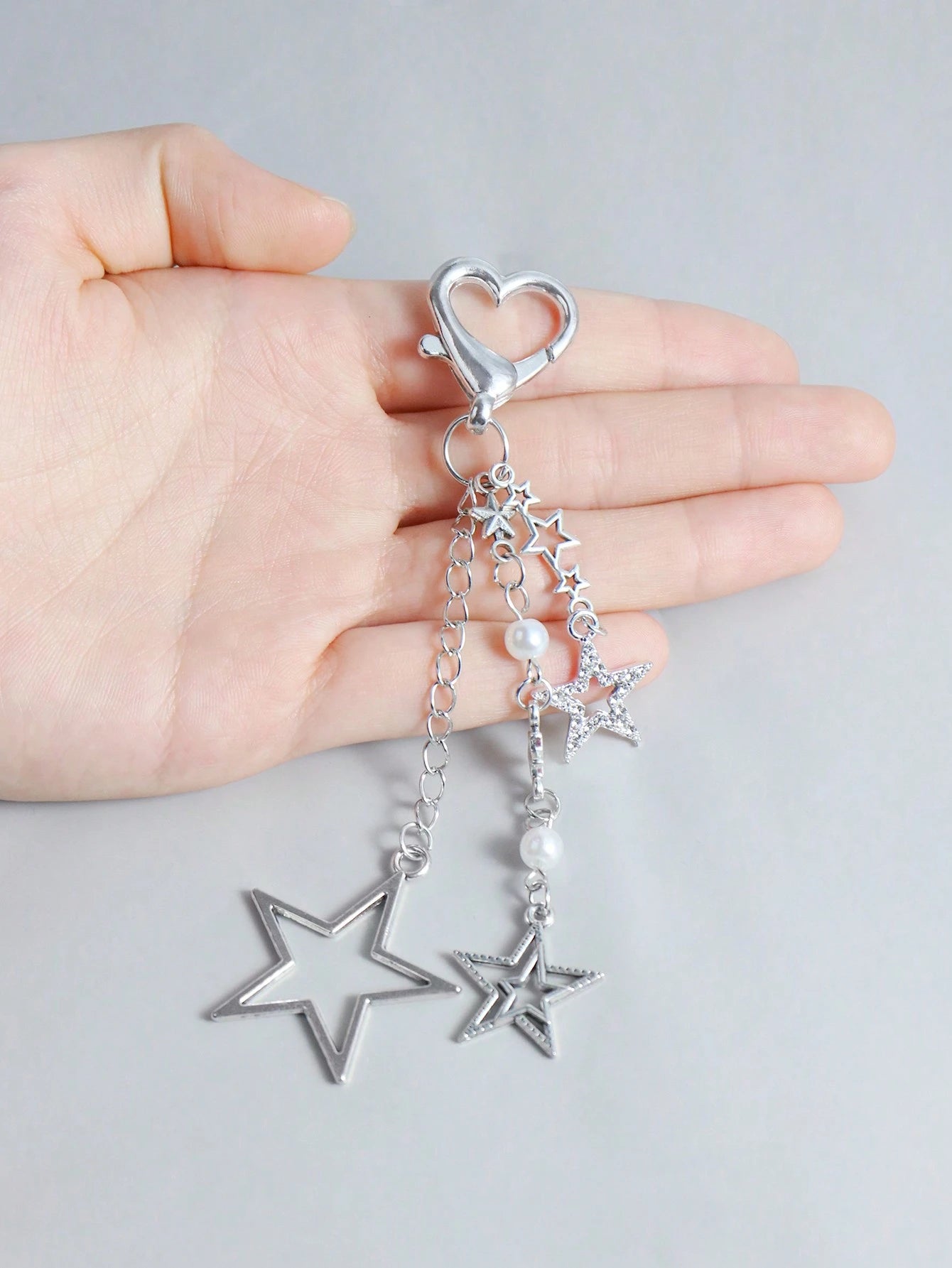 ROMWE Kawaii 1pc Silver Rhinestone & Pearl Embellished Star Pendant Bag Charm Keychain, Simple & Stylish Gift For Women