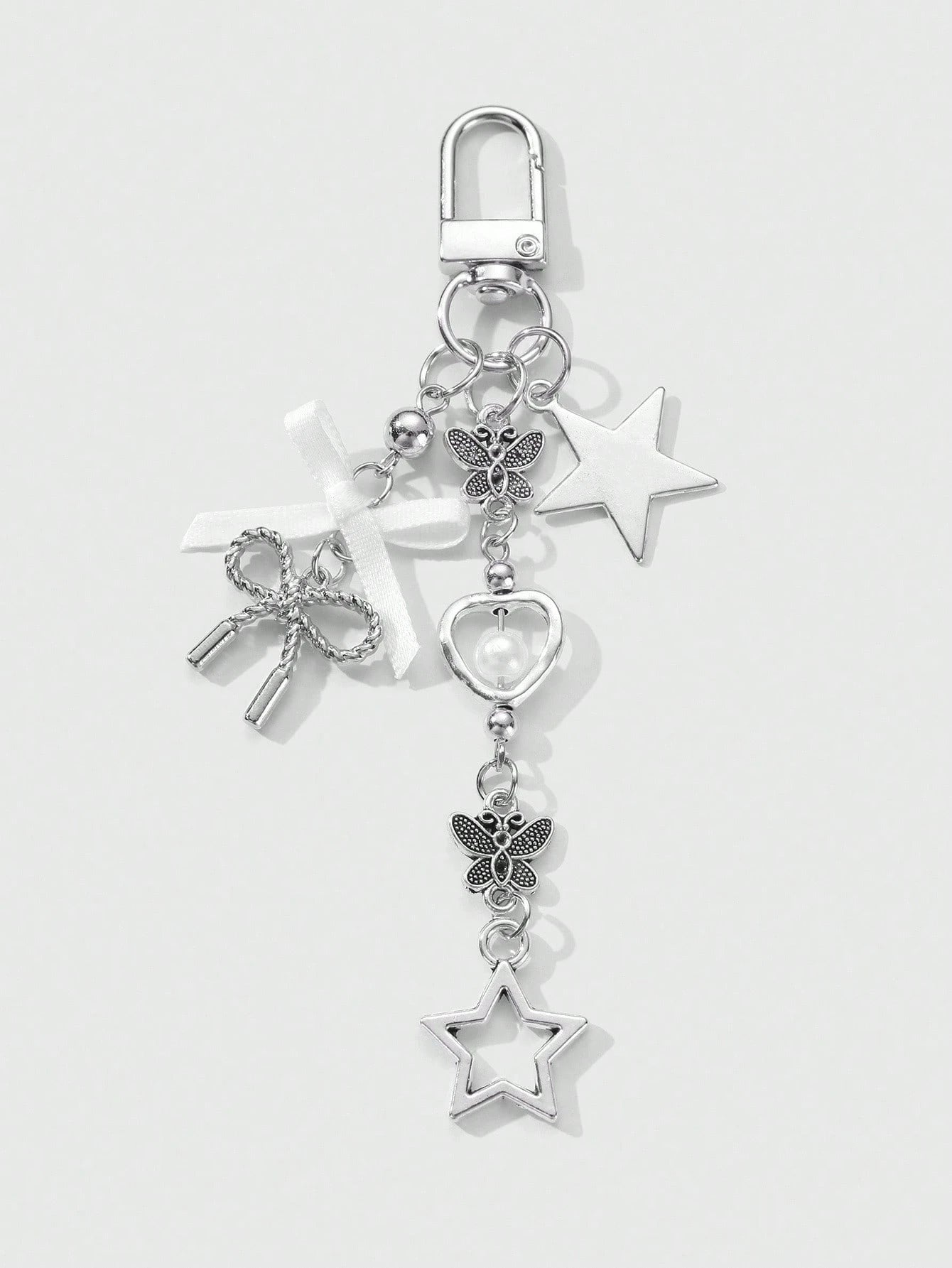 ROMWE Kawaii 1pc Y2K Minimalist High-End Silver Butterfly Faux Pearl Hollow Heart Star Woven Bow DIY Keychain Bag Charm, Suitable For Women/Girls Daily Wear, Holiday Gift