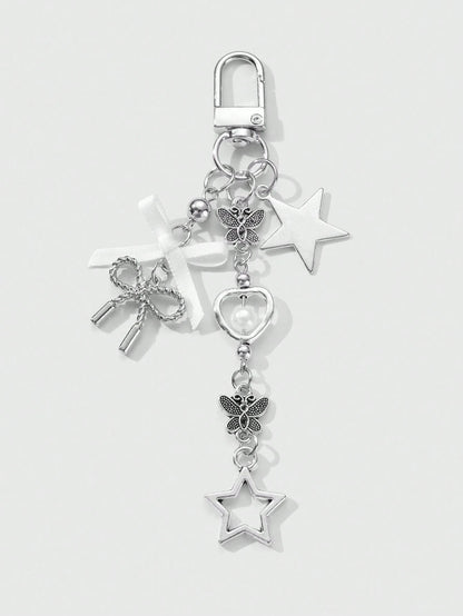 ROMWE Kawaii 1pc Y2K Minimalist High-End Silver Butterfly Faux Pearl Hollow Heart Star Woven Bow DIY Keychain Bag Charm, Suitable For Women/Girls Daily Wear, Holiday Gift