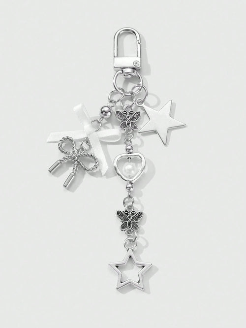 ROMWE Kawaii 1pc Y2K Minimalist High-End Silver Butterfly Faux Pearl Hollow Heart Star Woven Bow DIY Keychain Bag Charm, Suitable For Women/Girls Daily Wear, Holiday Gift