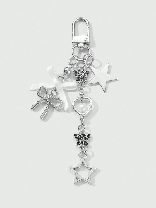 ROMWE Kawaii 1pc Y2K Minimalist High-End Silver Butterfly Faux Pearl Hollow Heart Star Woven Bow DIY Keychain Bag Charm, Suitable For Women/Girls Daily Wear, Holiday Gift