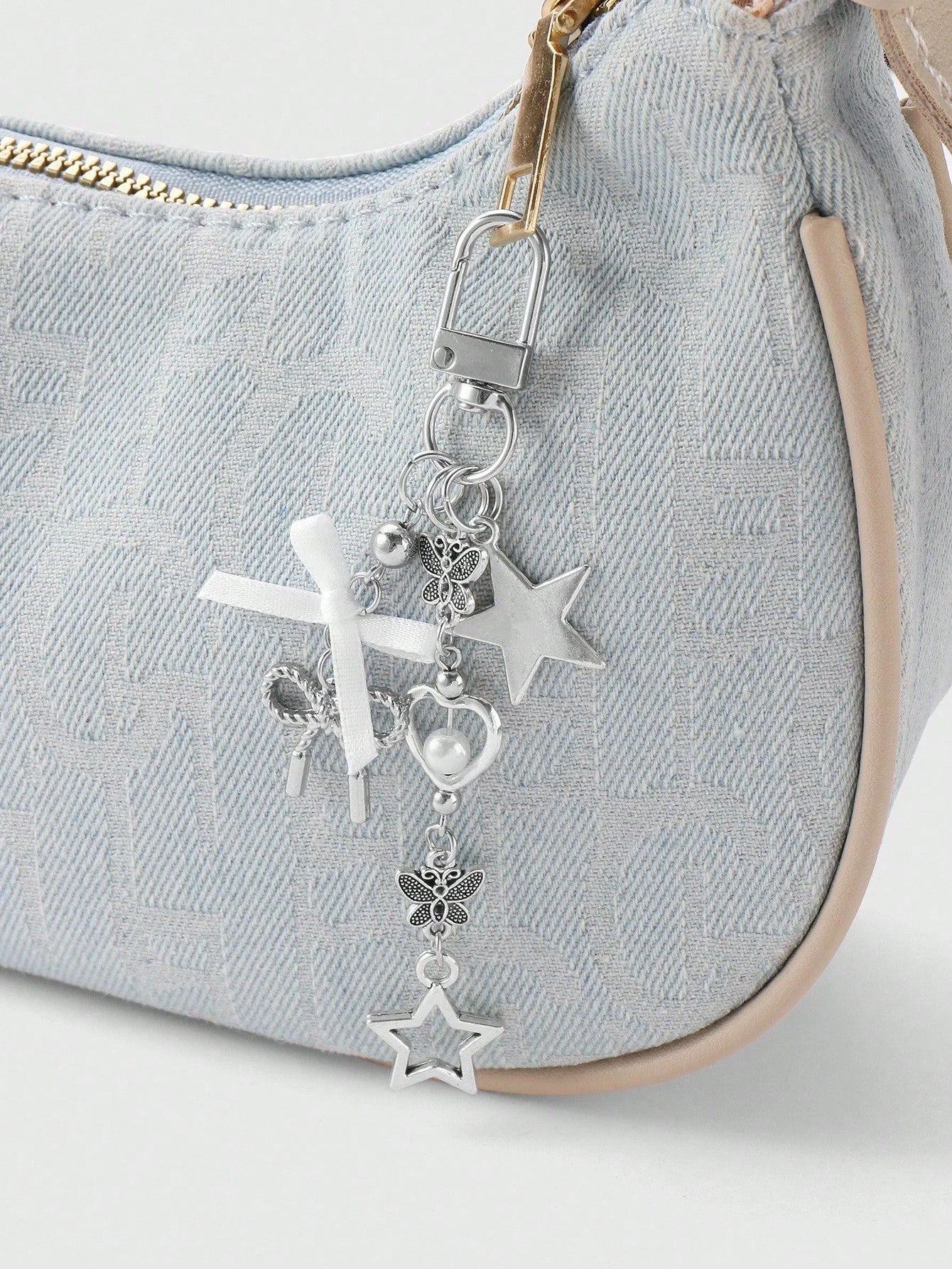 ROMWE Kawaii 1pc Y2K Minimalist High-End Silver Butterfly Faux Pearl Hollow Heart Star Woven Bow DIY Keychain Bag Charm, Suitable For Women/Girls Daily Wear, Holiday Gift