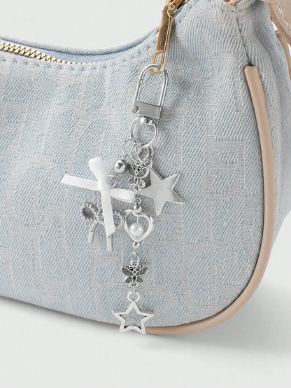 ROMWE Kawaii 1pc Y2K Minimalist High-End Silver Butterfly Faux Pearl Hollow Heart Star Woven Bow DIY Keychain Bag Charm, Suitable For Women/Girls Daily Wear, Holiday Gift