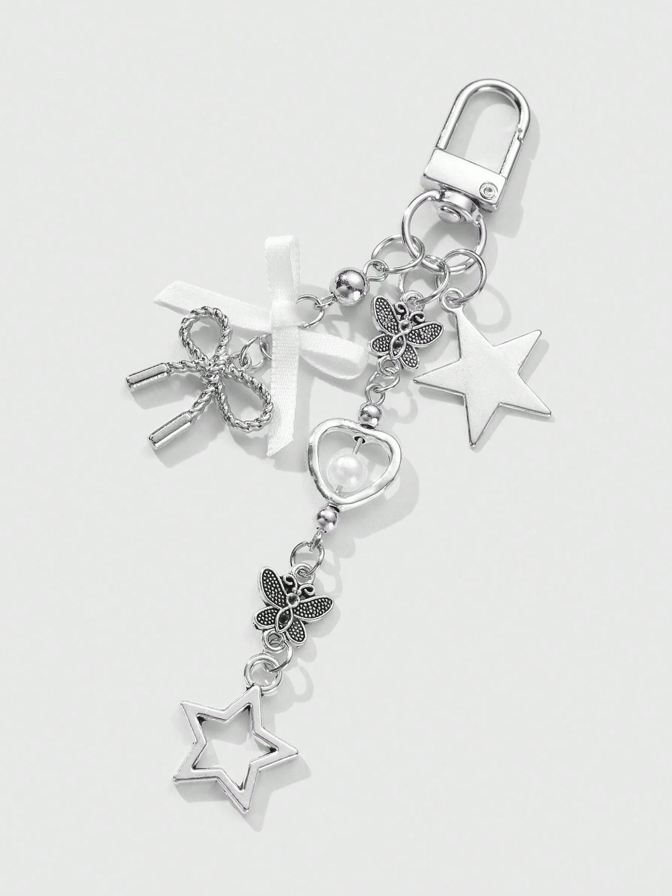 ROMWE Kawaii 1pc Y2K Minimalist High-End Silver Butterfly Faux Pearl Hollow Heart Star Woven Bow DIY Keychain Bag Charm, Suitable For Women/Girls Daily Wear, Holiday Gift