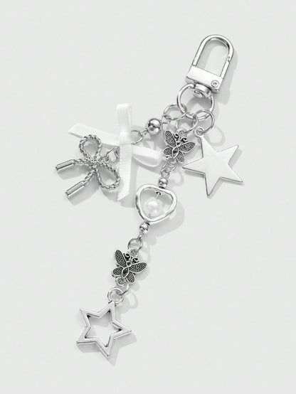 ROMWE Kawaii 1pc Y2K Minimalist High-End Silver Butterfly Faux Pearl Hollow Heart Star Woven Bow DIY Keychain Bag Charm, Suitable For Women/Girls Daily Wear, Holiday Gift