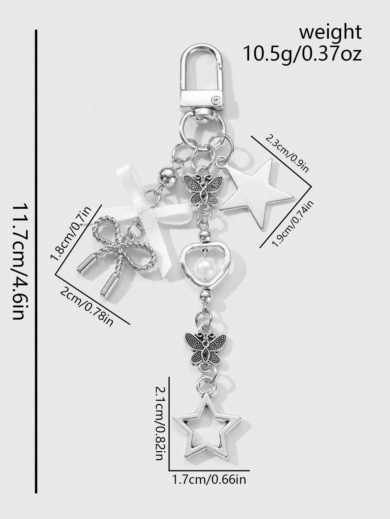 ROMWE Kawaii 1pc Y2K Minimalist High-End Silver Butterfly Faux Pearl Hollow Heart Star Woven Bow DIY Keychain Bag Charm, Suitable For Women/Girls Daily Wear, Holiday Gift