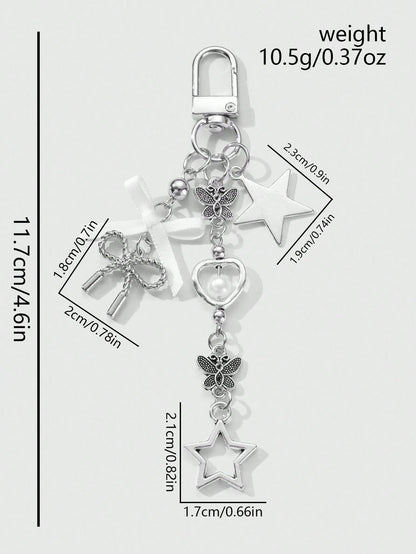 ROMWE Kawaii 1pc Y2K Minimalist High-End Silver Butterfly Faux Pearl Hollow Heart Star Woven Bow DIY Keychain Bag Charm, Suitable For Women/Girls Daily Wear, Holiday Gift