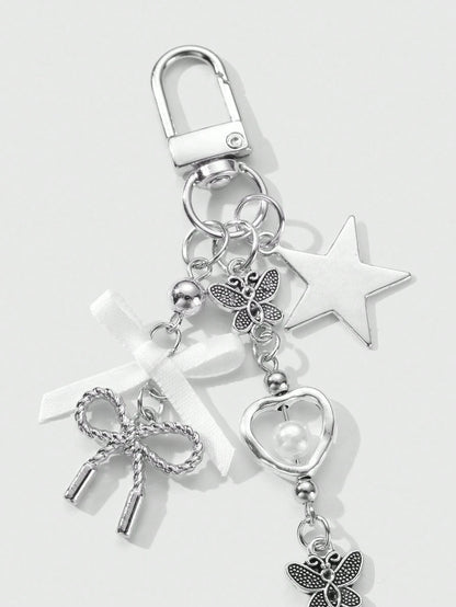 ROMWE Kawaii 1pc Y2K Minimalist High-End Silver Butterfly Faux Pearl Hollow Heart Star Woven Bow DIY Keychain Bag Charm, Suitable For Women/Girls Daily Wear, Holiday Gift