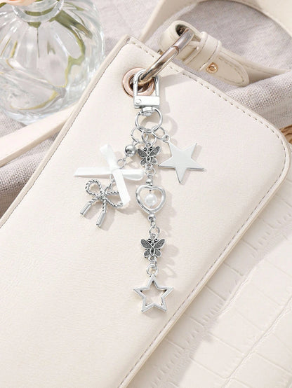 ROMWE Kawaii 1pc Y2K Minimalist High-End Silver Butterfly Faux Pearl Hollow Heart Star Woven Bow DIY Keychain Bag Charm, Suitable For Women/Girls Daily Wear, Holiday Gift