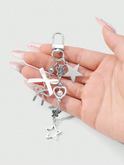ROMWE Kawaii 1pc Y2K Minimalist High-End Silver Butterfly Faux Pearl Hollow Heart Star Woven Bow DIY Keychain Bag Charm, Suitable For Women/Girls Daily Wear, Holiday Gift