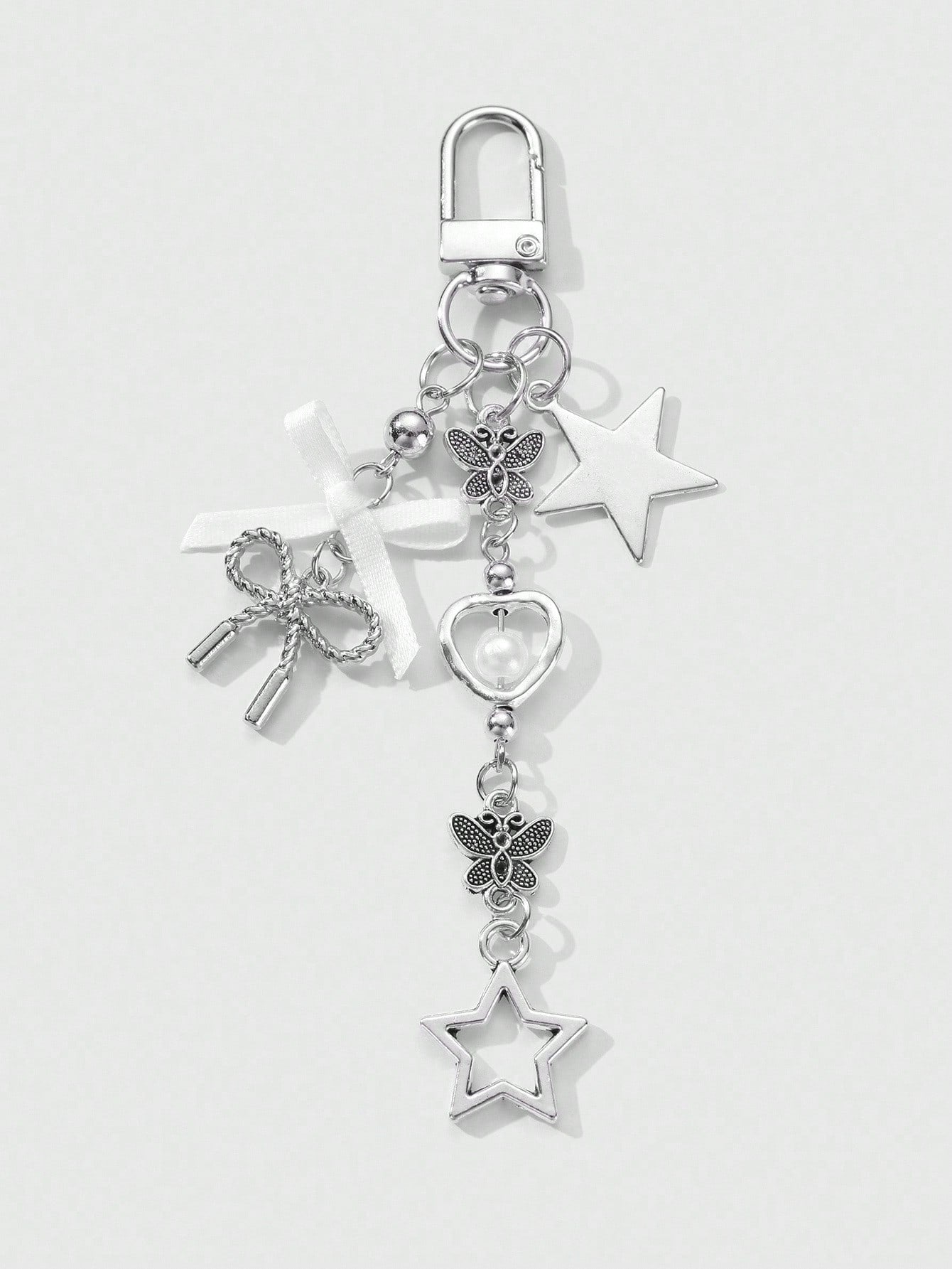 ROMWE Kawaii 1pc Y2K Minimalist High-End Silver Butterfly Faux Pearl Hollow Heart Star Woven Bow DIY Keychain Bag Charm, Suitable For Women/Girls Daily Wear, Holiday Gift
