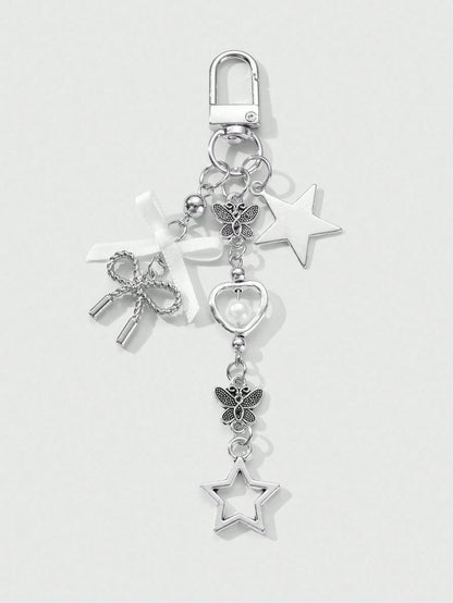 ROMWE Kawaii 1pc Y2K Minimalist High-End Silver Butterfly Faux Pearl Hollow Heart Star Woven Bow DIY Keychain Bag Charm, Suitable For Women/Girls Daily Wear, Holiday Gift