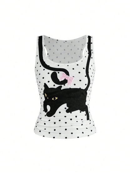ROMWE Kawaii Women's Coquette Cute Playful Cat & Butterfly All-Match Polka Dot Camisole