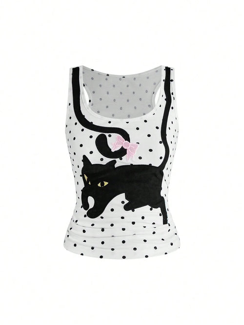 ROMWE Kawaii Women's Coquette Cute Playful Cat & Butterfly All-Match Polka Dot Camisole