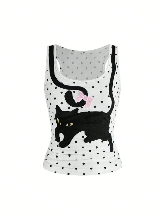 ROMWE Kawaii Women's Coquette Cute Playful Cat & Butterfly All-Match Polka Dot Camisole