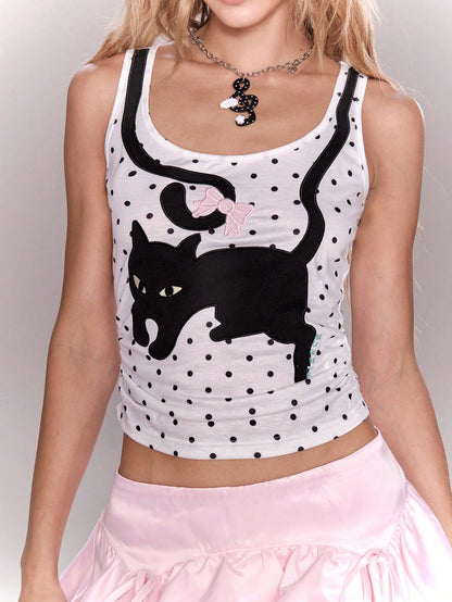 ROMWE Kawaii Women's Coquette Cute Playful Cat & Butterfly All-Match Polka Dot Camisole