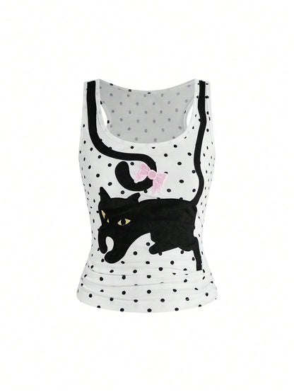 ROMWE Kawaii Women's Coquette Cute Playful Cat & Butterfly All-Match Polka Dot Camisole
