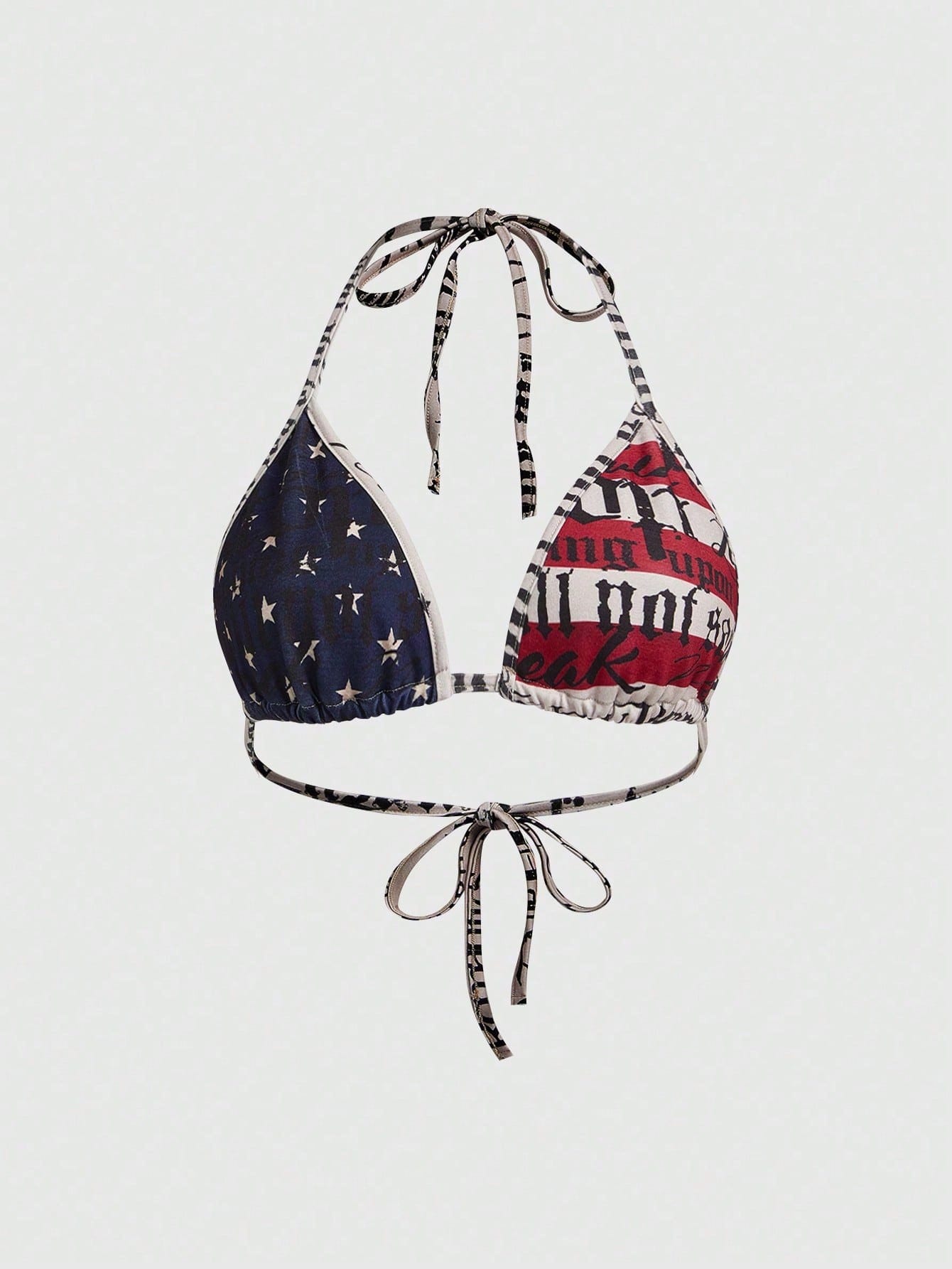 ROMWE Street Life Women Plus Size Independence Day Millennium Retro Summer Y2K Sexy Punk American Flag Slogan Print Halter Bikini Bra Tops Beach Vacation Navy Blue