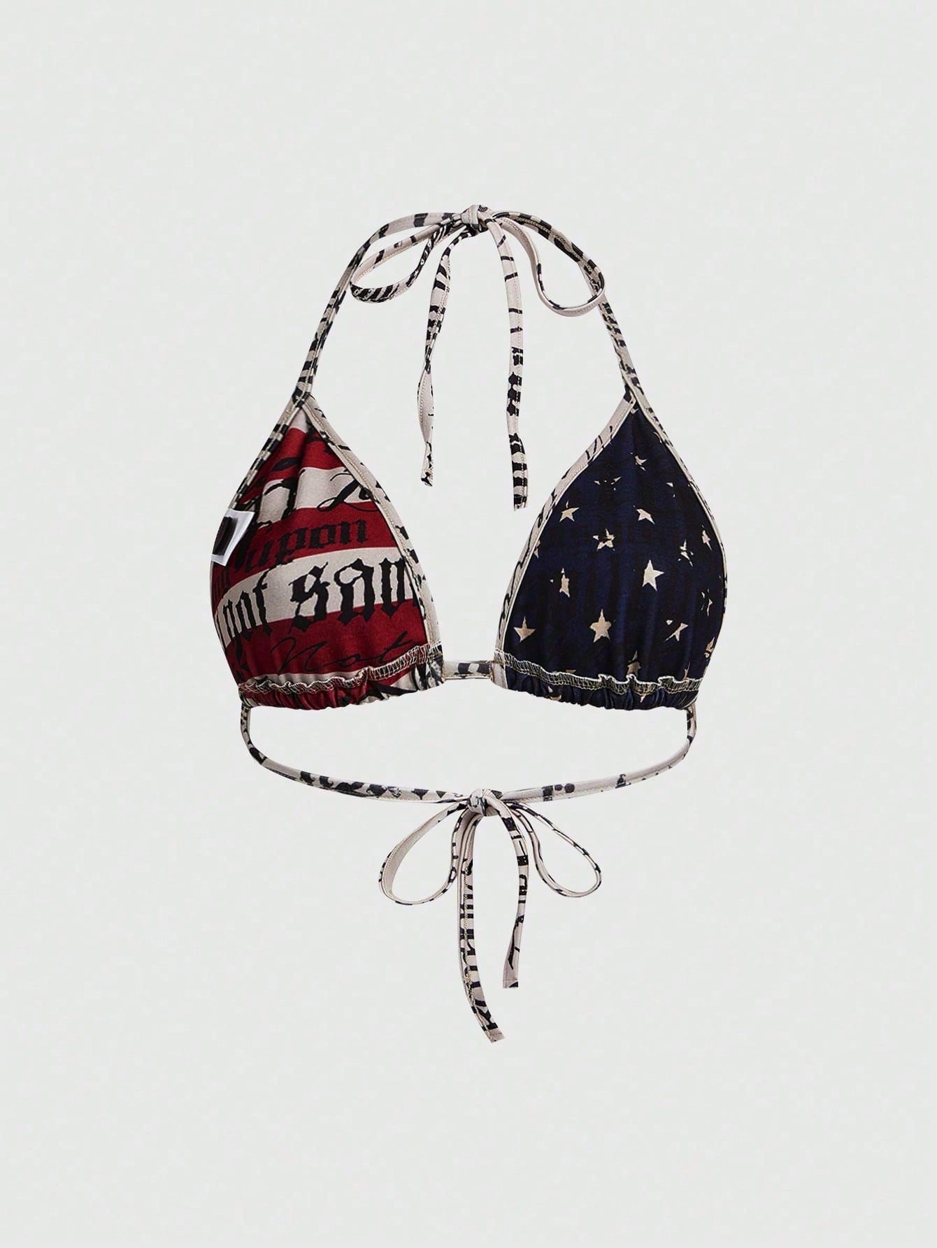 ROMWE Street Life Women Plus Size Independence Day Millennium Retro Summer Y2K Sexy Punk American Flag Slogan Print Halter Bikini Bra Tops Beach Vacation Navy Blue