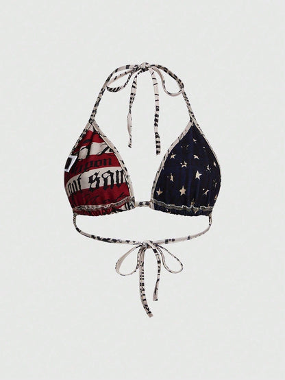 ROMWE Street Life Women Plus Size Independence Day Millennium Retro Summer Y2K Sexy Punk American Flag Slogan Print Halter Bikini Bra Tops Beach Vacation Navy Blue