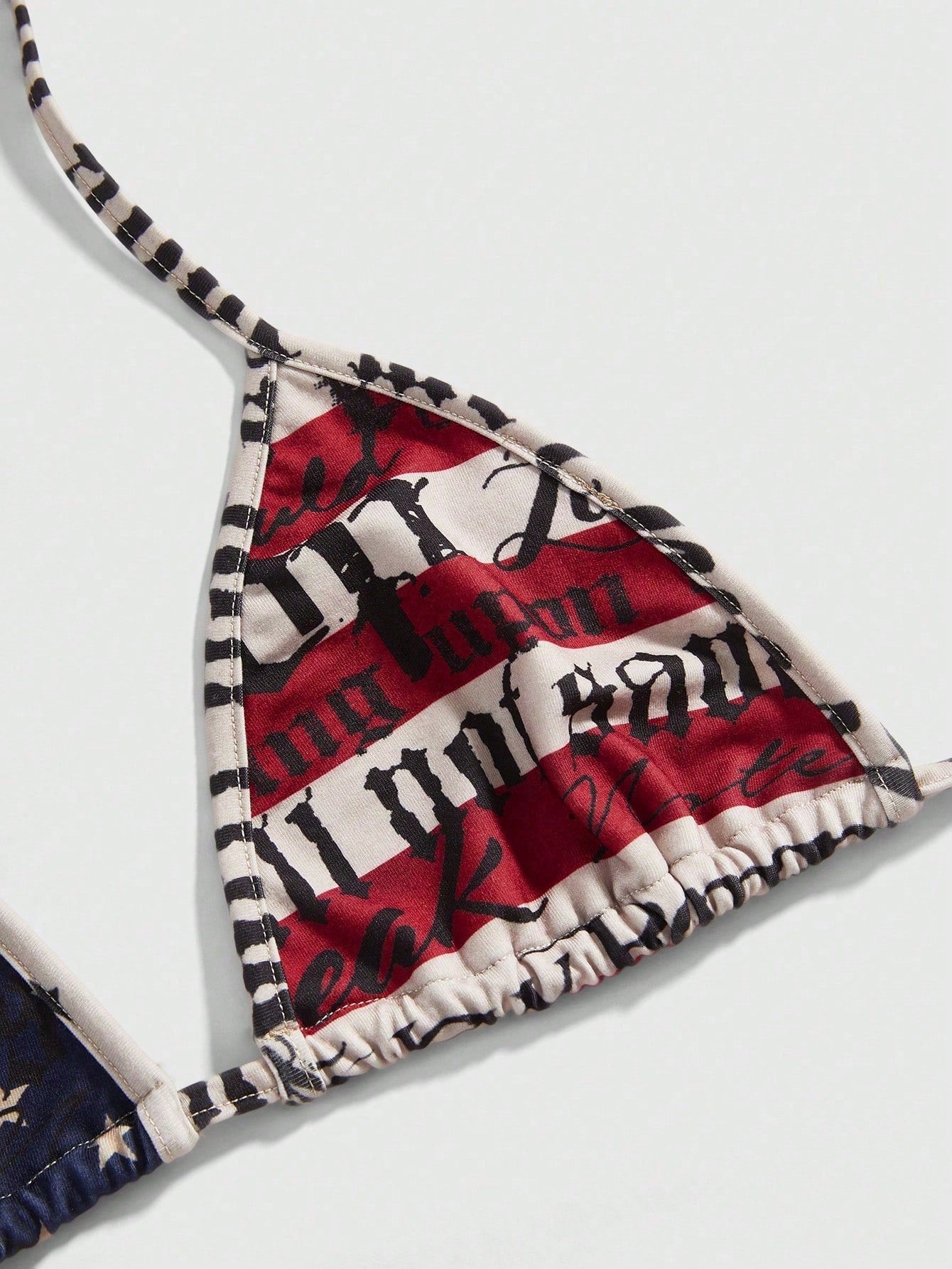 ROMWE Street Life Women Plus Size Independence Day Millennium Retro Summer Y2K Sexy Punk American Flag Slogan Print Halter Bikini Bra Tops Beach Vacation Navy Blue