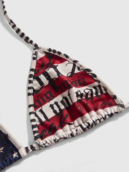 ROMWE Street Life Women Plus Size Independence Day Millennium Retro Summer Y2K Sexy Punk American Flag Slogan Print Halter Bikini Bra Tops Beach Vacation Navy Blue