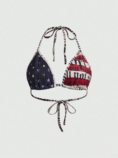 ROMWE Street Life Women Plus Size Independence Day Millennium Retro Summer Y2K Sexy Punk American Flag Slogan Print Halter Bikini Bra Tops Beach Vacation Navy Blue