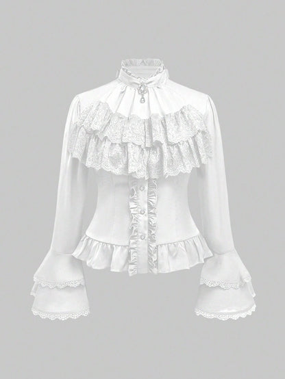 ROMWE Vintage Gothic Palace Style Detachable Ruffled Bow Tie, Baroque Gem Pendant, Trumpet Ruffled Sleeve, Cinched Waist Women Blouse