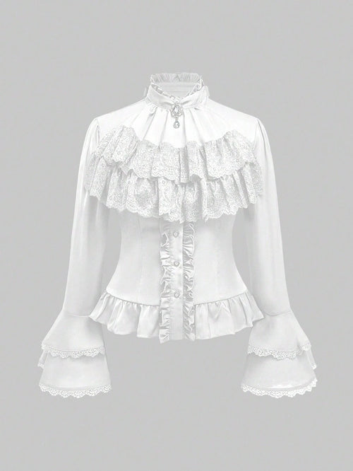 ROMWE Vintage Gothic Palace Style Detachable Ruffled Bow Tie, Baroque Gem Pendant, Trumpet Ruffled Sleeve, Cinched Waist Women Blouse