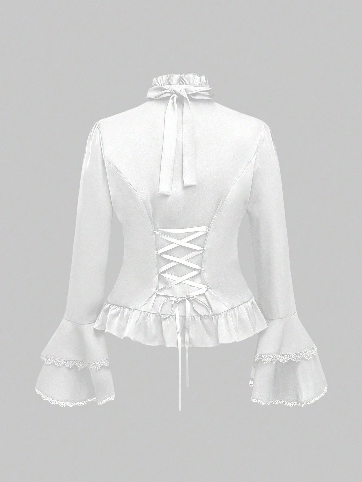 ROMWE Vintage Gothic Palace Style Detachable Ruffled Bow Tie, Baroque Gem Pendant, Trumpet Ruffled Sleeve, Cinched Waist Women Blouse