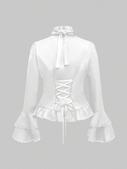 ROMWE Vintage Gothic Palace Style Detachable Ruffled Bow Tie, Baroque Gem Pendant, Trumpet Ruffled Sleeve, Cinched Waist Women Blouse