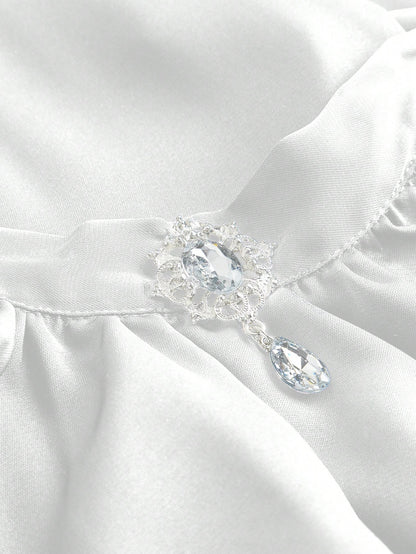 ROMWE Vintage Gothic Palace Style Detachable Ruffled Bow Tie, Baroque Gem Pendant, Trumpet Ruffled Sleeve, Cinched Waist Women Blouse