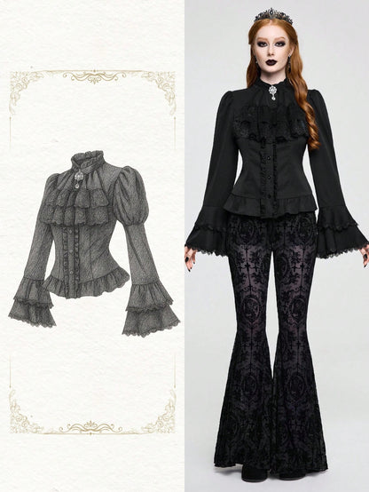 ROMWE Vintage Gothic Palace Style Detachable Ruffled Bow Tie, Baroque Gem Pendant, Trumpet Ruffled Sleeve, Cinched Waist Women Blouse