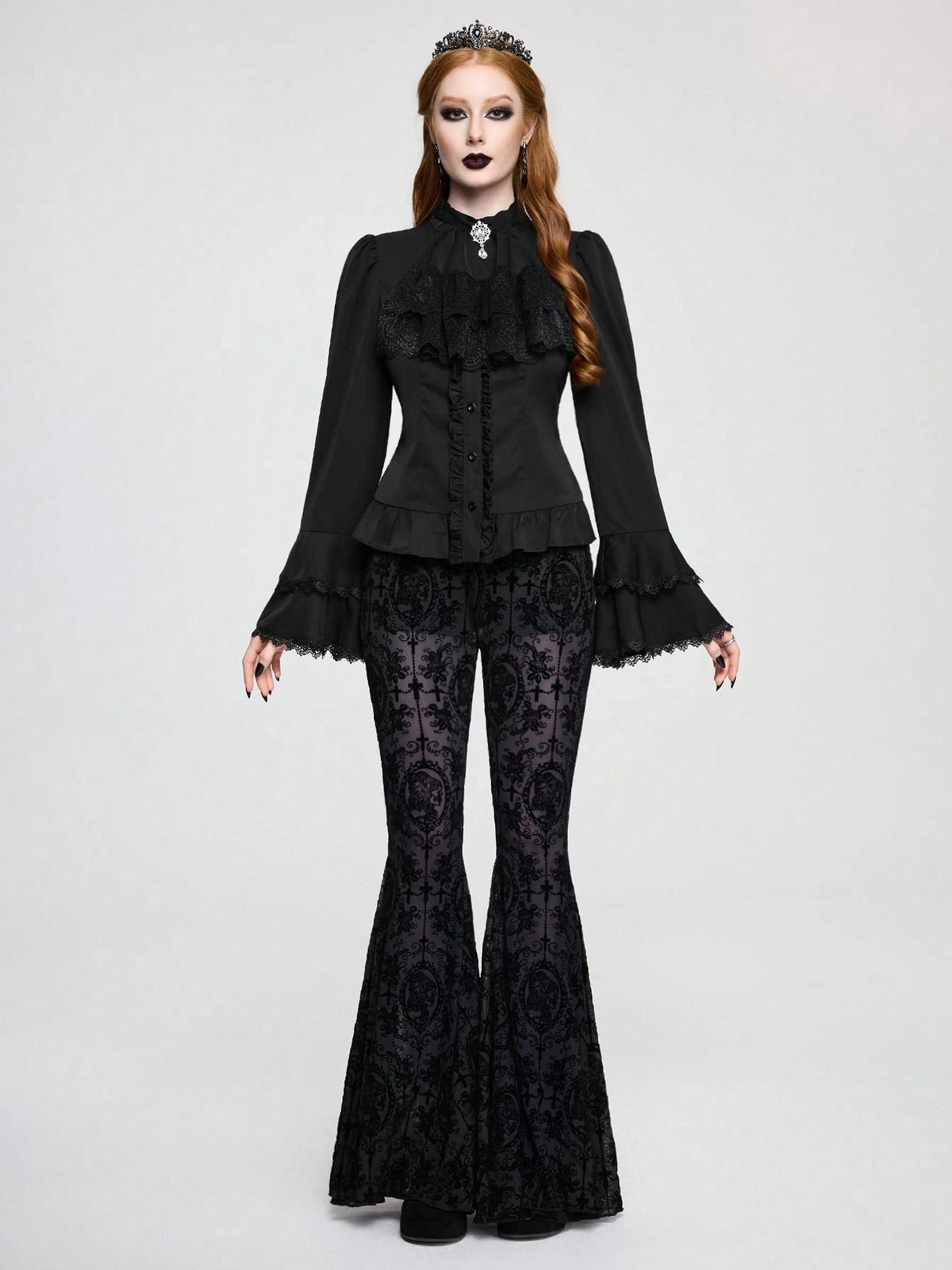 ROMWE Vintage Gothic Palace Style Detachable Ruffled Bow Tie, Baroque Gem Pendant, Trumpet Ruffled Sleeve, Cinched Waist Women Blouse