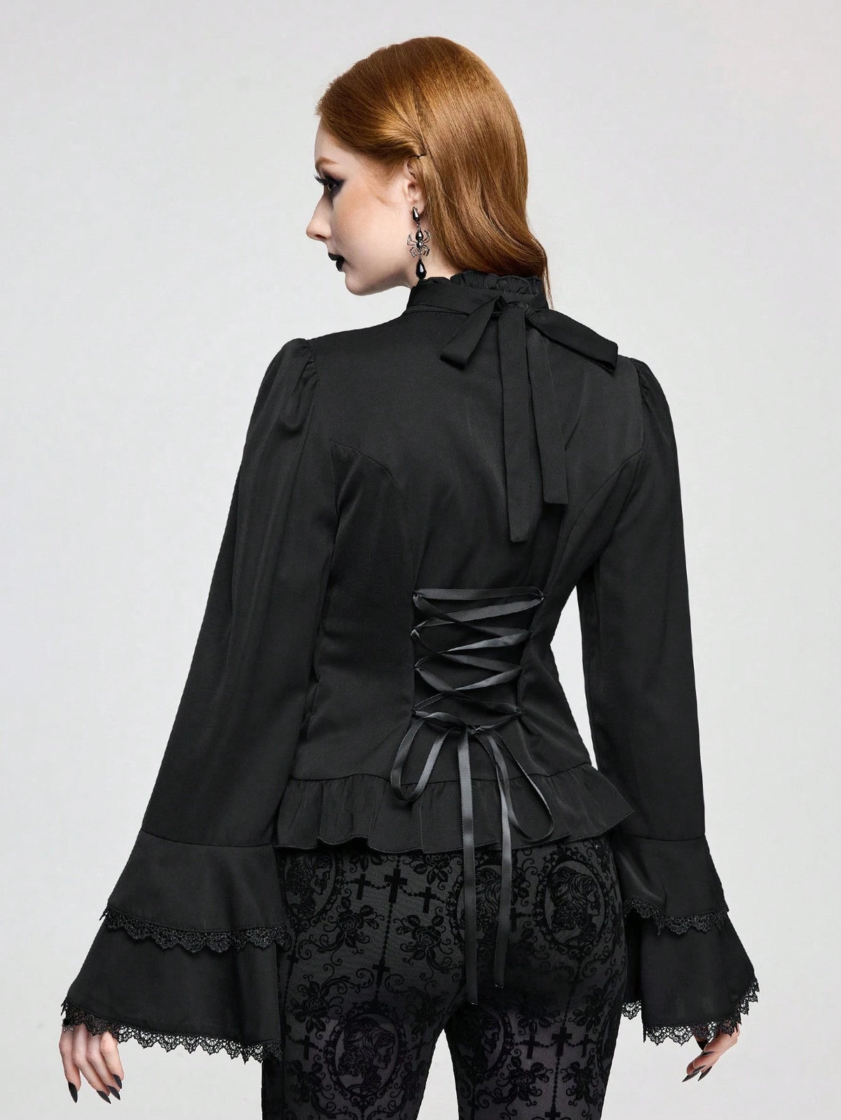 ROMWE Vintage Gothic Palace Style Detachable Ruffled Bow Tie, Baroque Gem Pendant, Trumpet Ruffled Sleeve, Cinched Waist Women Blouse