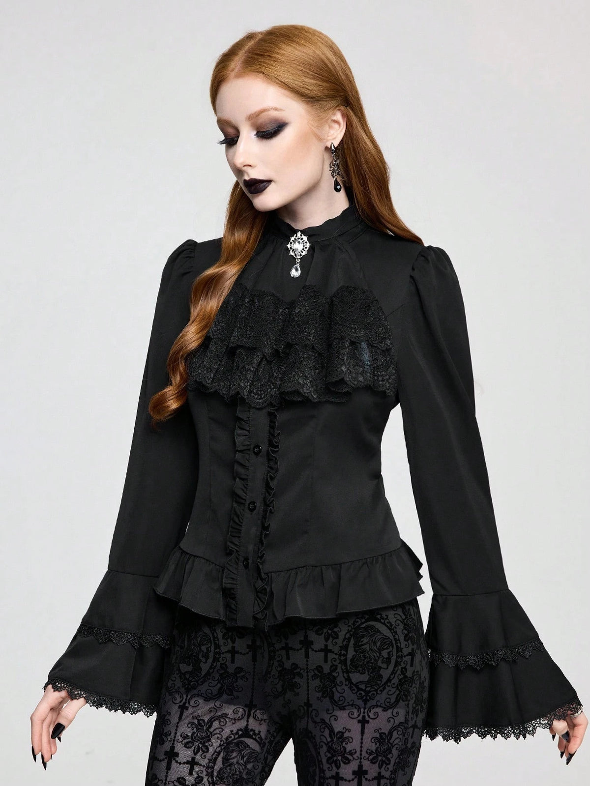 ROMWE Vintage Gothic Palace Style Detachable Ruffled Bow Tie, Baroque Gem Pendant, Trumpet Ruffled Sleeve, Cinched Waist Women Blouse