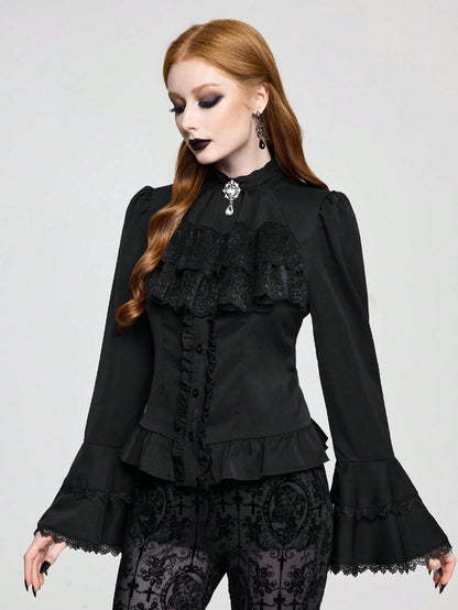 ROMWE Vintage Gothic Palace Style Detachable Ruffled Bow Tie, Baroque Gem Pendant, Trumpet Ruffled Sleeve, Cinched Waist Women Blouse