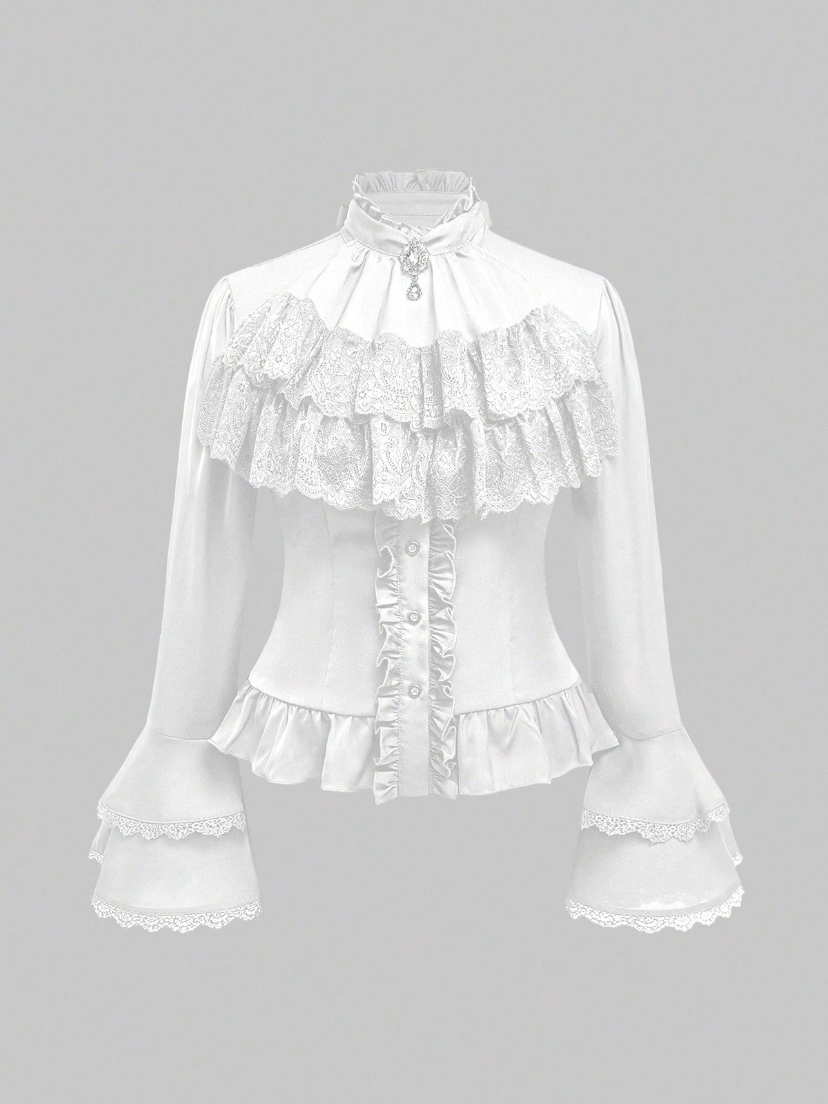 ROMWE Vintage Gothic Palace Style Detachable Ruffled Bow Tie, Baroque Gem Pendant, Trumpet Ruffled Sleeve, Cinched Waist Women Blouse