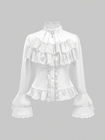 ROMWE Vintage Gothic Palace Style Detachable Ruffled Bow Tie, Baroque Gem Pendant, Trumpet Ruffled Sleeve, Cinched Waist Women Blouse
