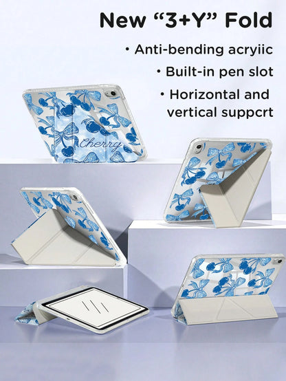 Rose Bow Cherry Dual-Sided Acrylic Crystal Protective Case, Compatible With IPad 10th Gen, IPad 10.2/IPad Mini 6/IPad Mini 7/9.7", Galaxy Tab A8 8.7", 3+Y Foldable Anti-Bend Design, Compatible With Ki