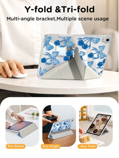 Rose Bow Cherry Dual-Sided Acrylic Crystal Protective Case, Compatible With IPad 10th Gen, IPad 10.2/IPad Mini 6/IPad Mini 7/9.7", Galaxy Tab A8 8.7", 3+Y Foldable Anti-Bend Design, Compatible With Ki