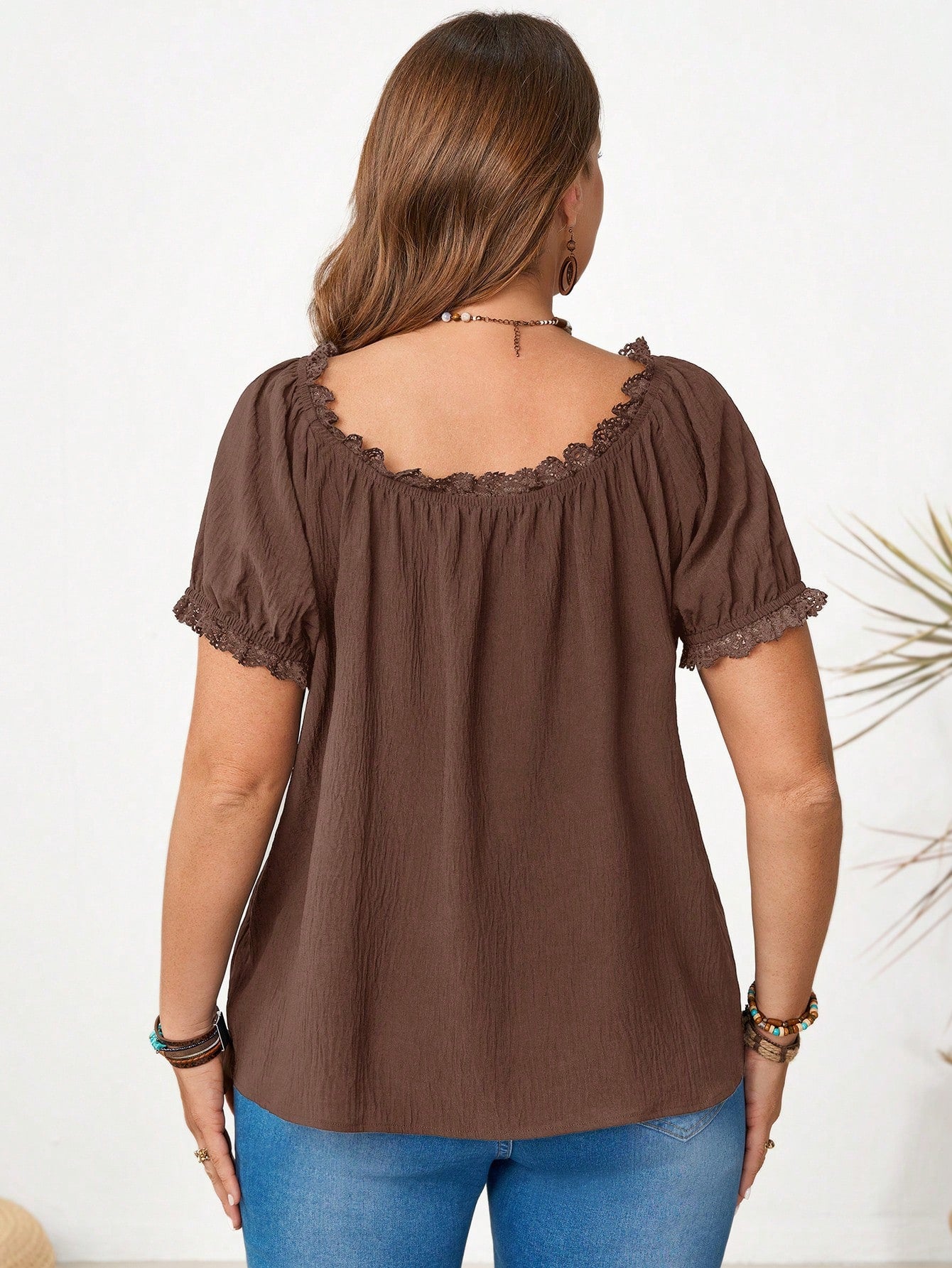 Rosumi Women's Plus Size U-Neck Lace Trim Blouse