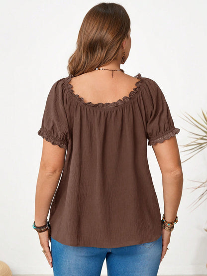 Rosumi Women's Plus Size U-Neck Lace Trim Blouse