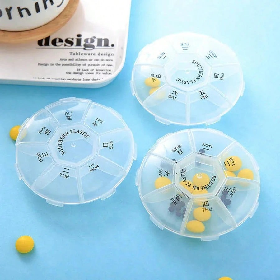 Round Portable Pill Box, Medication Planner, Small 7-Day Weekly Travel Container, Medicine, Vitamin Holder, Pill Storage Box, Pill Dispenser, Daily Organization And Reminder