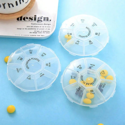 Round Portable Pill Box, Medication Planner, Small 7-Day Weekly Travel Container, Medicine, Vitamin Holder, Pill Storage Box, Pill Dispenser, Daily Organization And Reminder