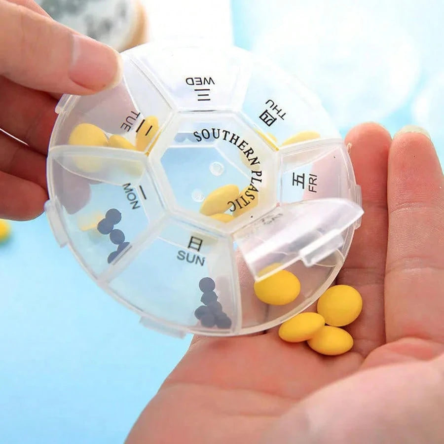 Round Portable Pill Box, Medication Planner, Small 7-Day Weekly Travel Container, Medicine, Vitamin Holder, Pill Storage Box, Pill Dispenser, Daily Organization And Reminder
