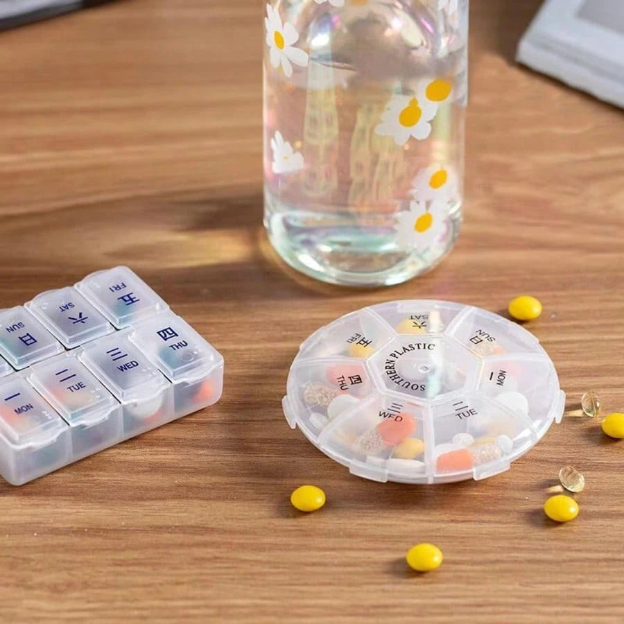 Round Portable Pill Box, Medication Planner, Small 7-Day Weekly Travel Container, Medicine, Vitamin Holder, Pill Storage Box, Pill Dispenser, Daily Organization And Reminder